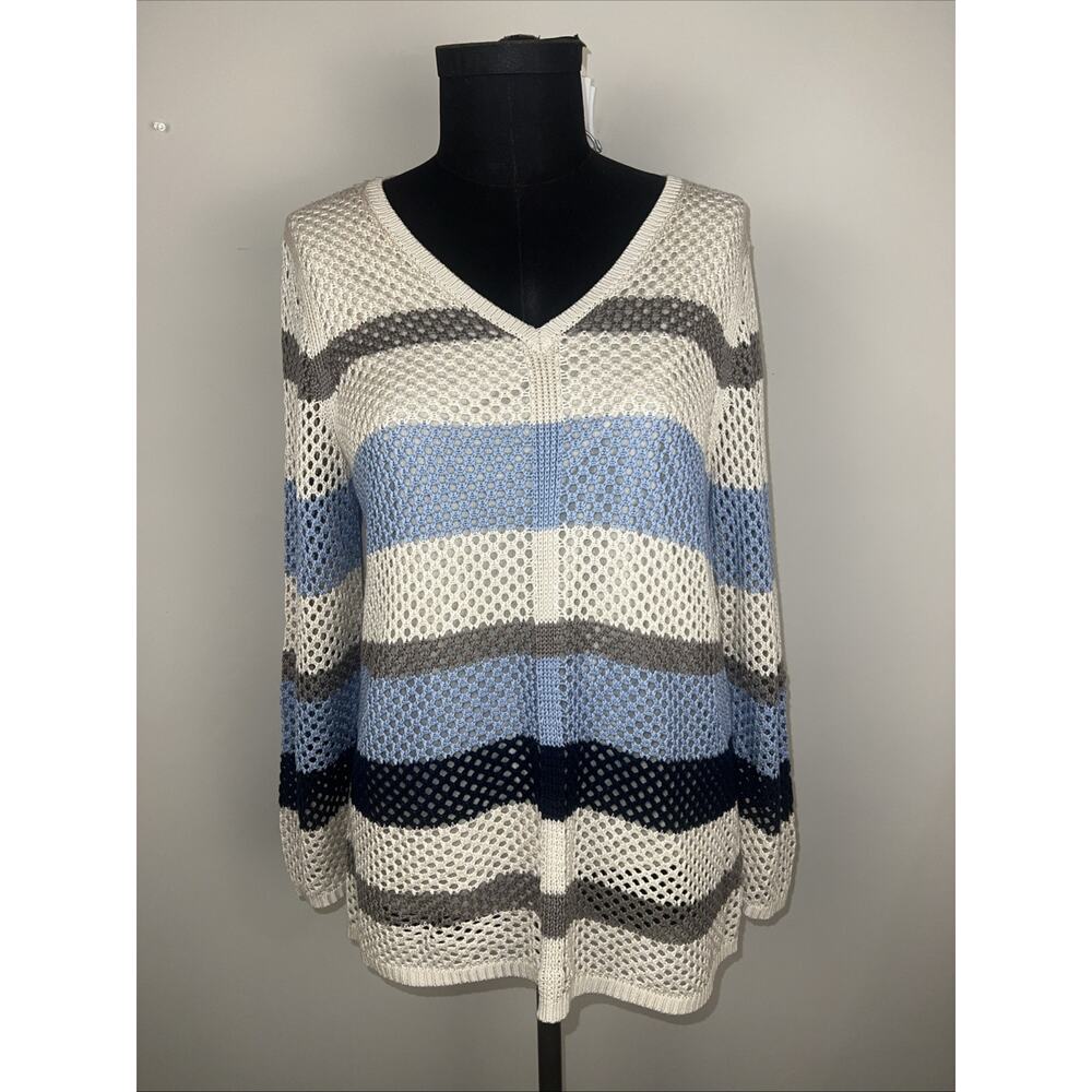 Croft And‎ Barrel XL Crochet top layer Sweater Cream Blue Boho V Neck Pullover